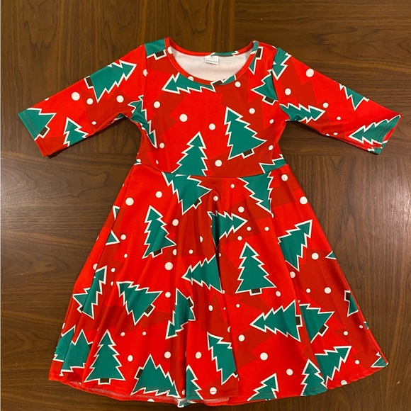Girls Red and Green Christmas Tree Skater Dress - Picture 1 of 3